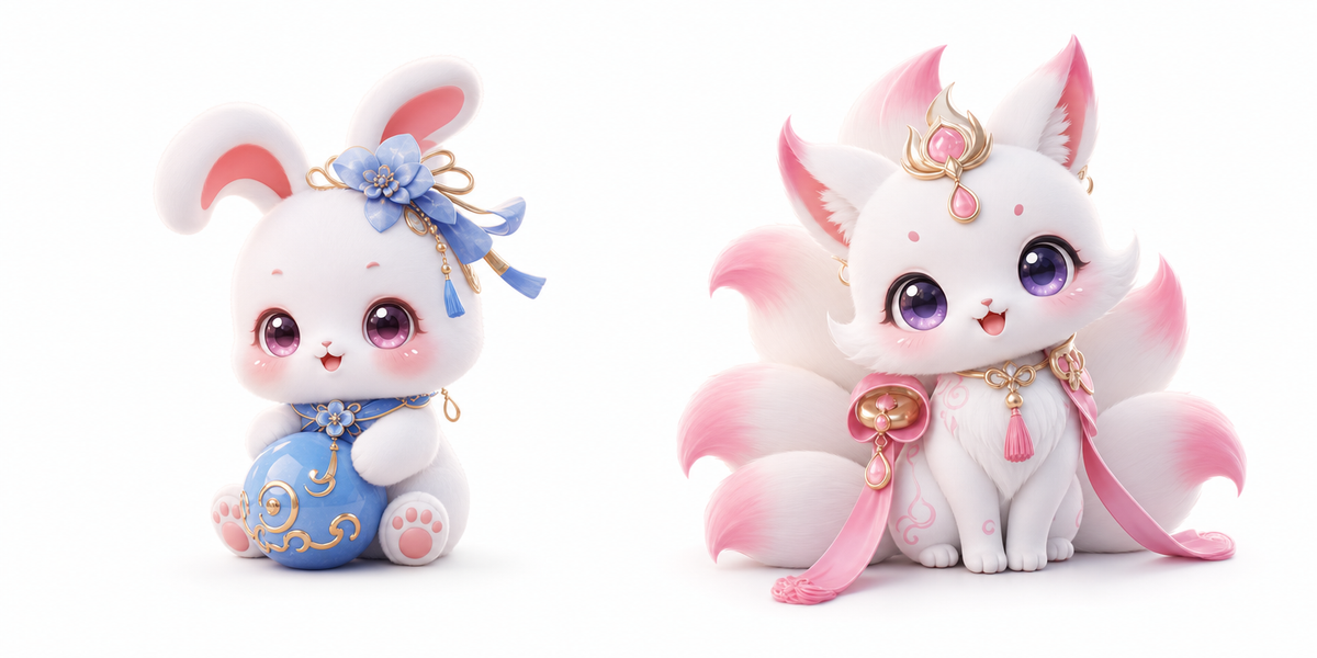 Moon rabbit and nine-tailed fox mascots