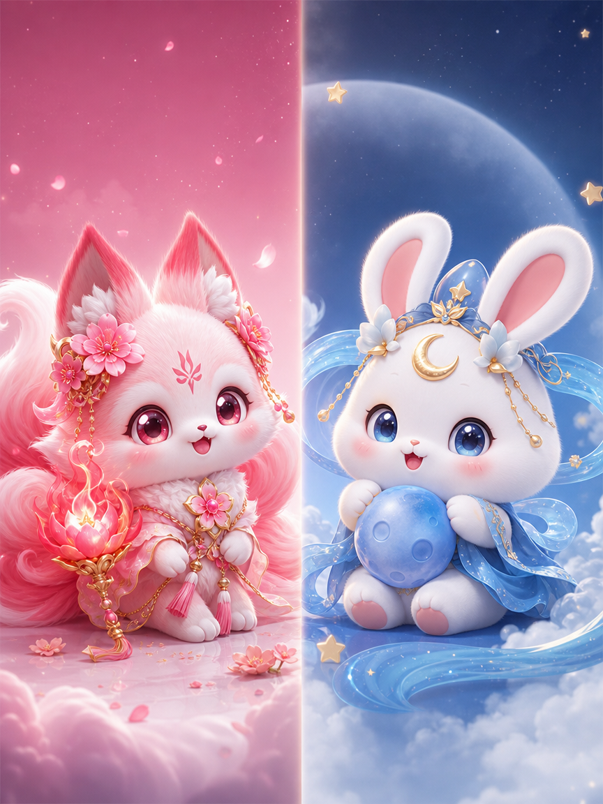 Q-style nine-tailed fox and moon rabbit